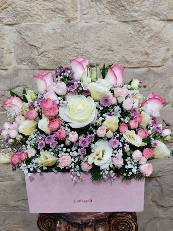 سفارش و خرید آنلاین باکس گل رز هلندی و مینیاتوری طرح شهناز از اطلس گل شیراز.